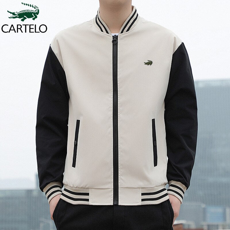 Jaqueta masculina esportiva com capuz, estilo college casual, passeio ao ar livre.