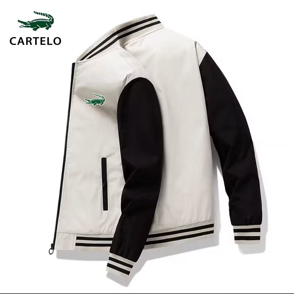 Jaqueta masculina esportiva com capuz, estilo college casual, passeio ao ar livre.