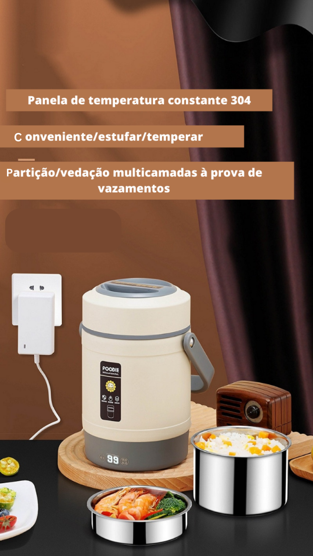 Lancheira Elétrica, USB, Aquecedor de Alimentos, Container Aço inoxidável com Bolsa térmica, 1.6L, 2L